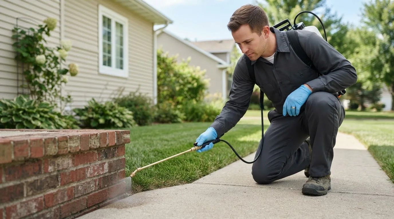 Pest control technician treating a home near Lafferty, OH