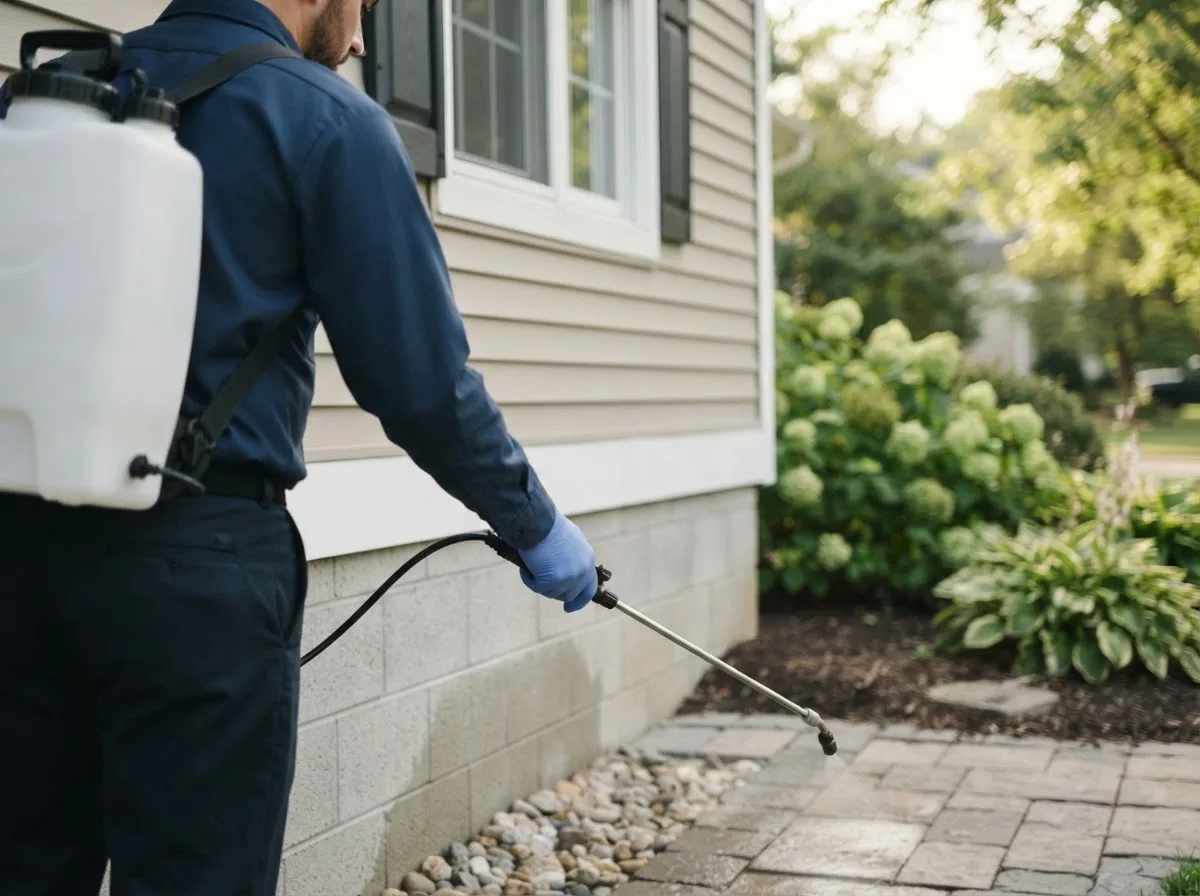 Pest control technician inspecting a home in Lafferty, OH